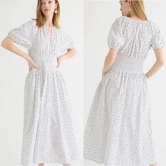 NWT J.Crew Puff-sleeve Smocked-waist Midi Dress in‎ Dot Print M - Picture 1 of 10